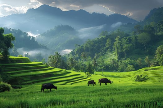 The atmosphere of the rice fields adorned with lush green rice plants, Rice farming with buffalo.