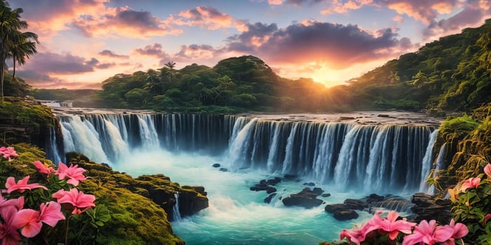 Fantasy landscape with waterfall at sunset, panorama.