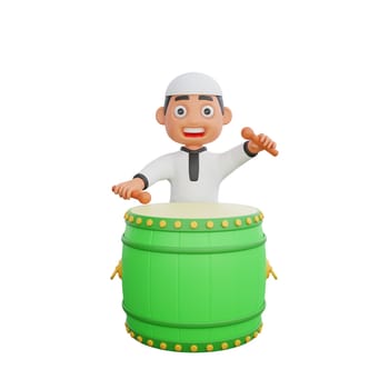 3D illustration of a cute Muslim boy playing a big drum, ready to welcome the holy month of Ramadan, perfect for Ramadan Kareem themed projects