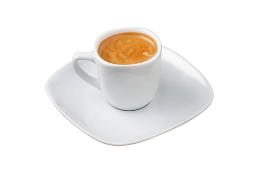 Fresh espresso coffee together decorated with coffee beans on white background