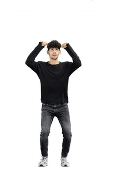 A man, on a white background, in full height, jumps.