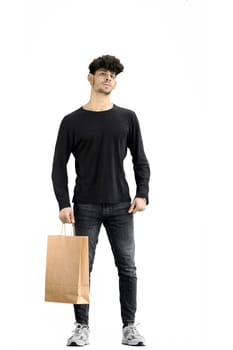 Man, on a white background, full-length, with bags.