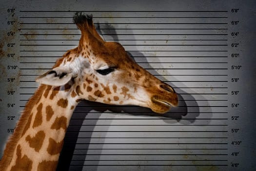 Tanzania giraffe on suspect background mugshot police line close up portrait