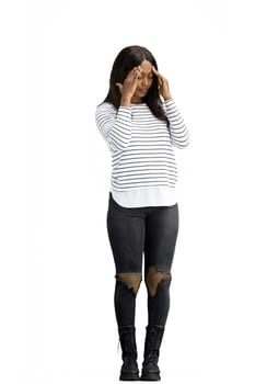 A woman, on a white background, full-length, tired.