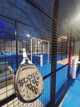 Ukraine, Kyiv January 26, 2024: A Paddle Tennis Racket from the Adidas brand, On An Urban Court. . High quality photo