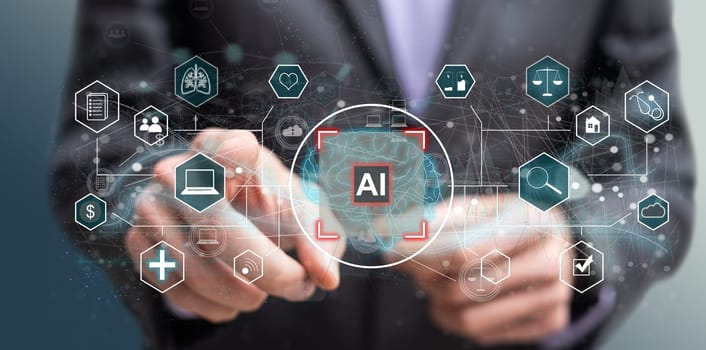 AI - Artificial Intelligence. Big Data and Deep Machine learning Concept. Digital Brain and Neural Networks Hologram. Business Internet Technology Concept. High quality photo