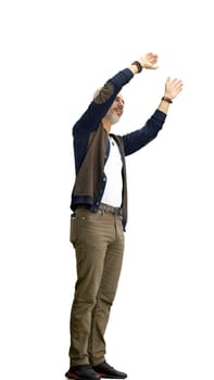 A man, full-length, on a white background, waving his arms.