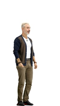 A man, full-length, on a white background, dancing.