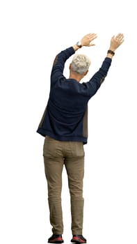 A man, full-length, on a white background, waving his arms.