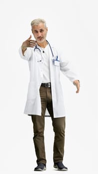 The doctor, in full height, on a white background, calls to himself.