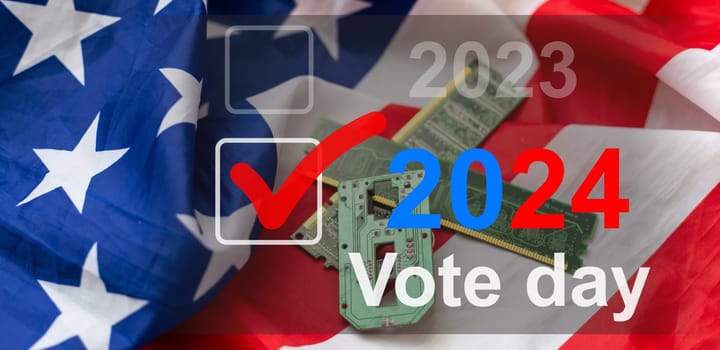 Presidential elections in America. The inscription Vote and 2024 on the background of the American flag. 3D render. High quality photo