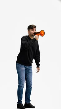 A man, full-length, on a white background, with a megaphone.