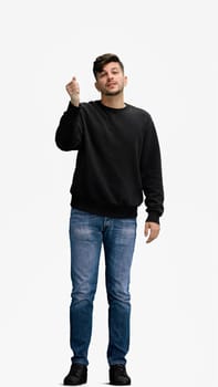 A man, full-length, on a white background, calls to him.