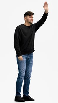 A man, full-length, on a white background, waving his hand.