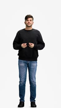 A man, full-length, on a white background, meditating.