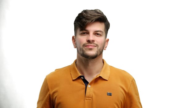 Man, close-up, on a white background.