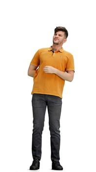 A man, full-length, on a white background, warming up.