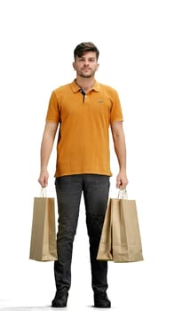 A man, full-length, on a white background, with bags.