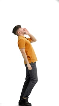 A man, full-length, on a white background, rejoices.
