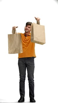 A man, full-length, on a white background, with bags.