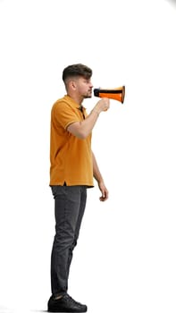 A man, full-length, on a white background, with a megaphone.