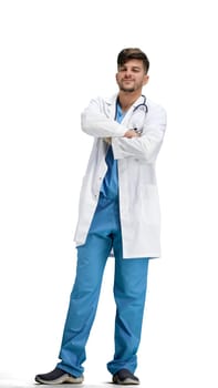 The doctor, in full height, on a white background, crossed his arms.
