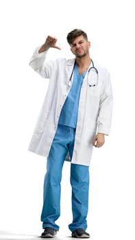 The doctor, in full height, on a white background, shows his finger down.