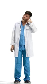The doctor, in full height, on a white background, shows a call sign.