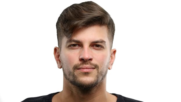 Man's face, close-up, on a white background.