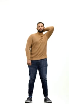 A man, full-length, on a white background, tired.