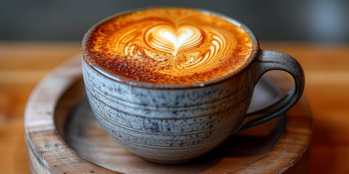 Cups of cappuccino with latte art ,top view,flat lay.