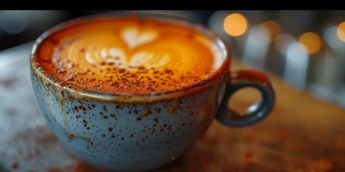 Cups of cappuccino with latte art ,top view,flat lay.