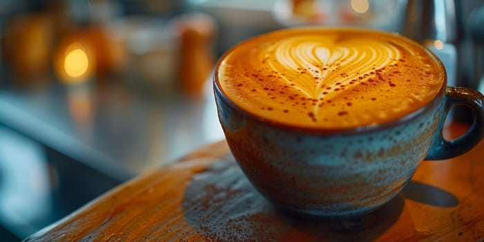 Cups of cappuccino with latte art ,top view,flat lay.