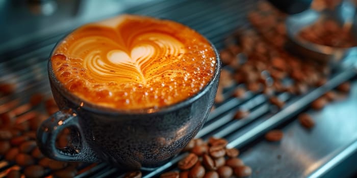 Cups of cappuccino with latte art ,top view,flat lay.