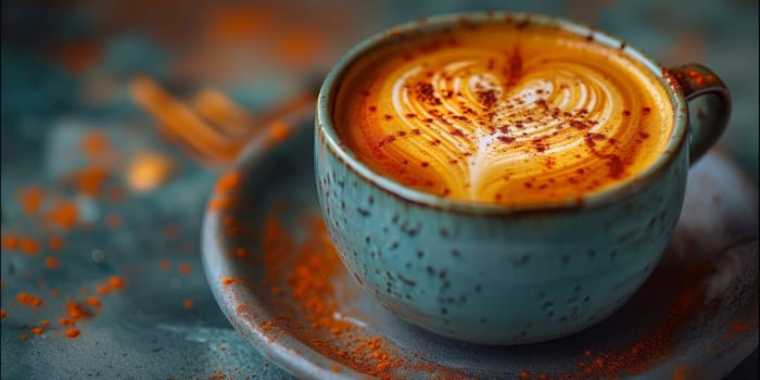 Cups of cappuccino with latte art ,top view,flat lay.