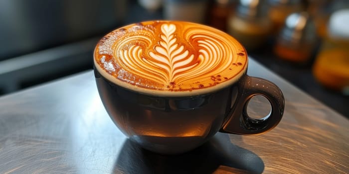 Cups of cappuccino with latte art ,top view,flat lay.