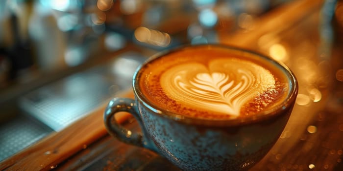 Cups of cappuccino with latte art ,top view,flat lay.