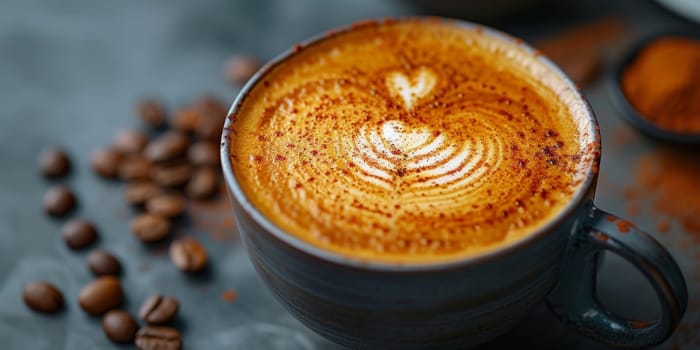 Cups of cappuccino with latte art ,top view,flat lay.