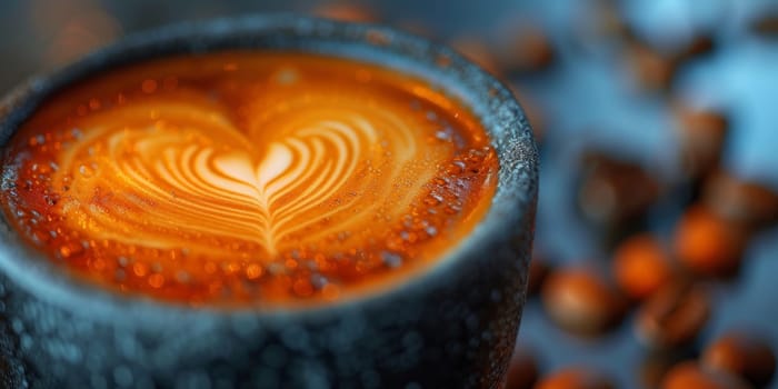 Cups of cappuccino with latte art ,top view,flat lay.