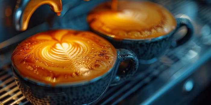 Cups of cappuccino with latte art ,top view,flat lay.