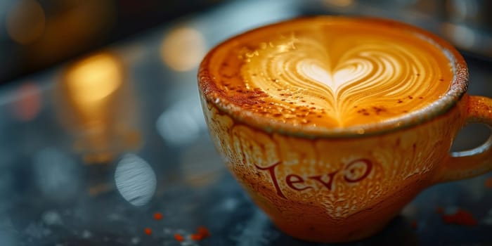 Cups of cappuccino with latte art ,top view,flat lay.