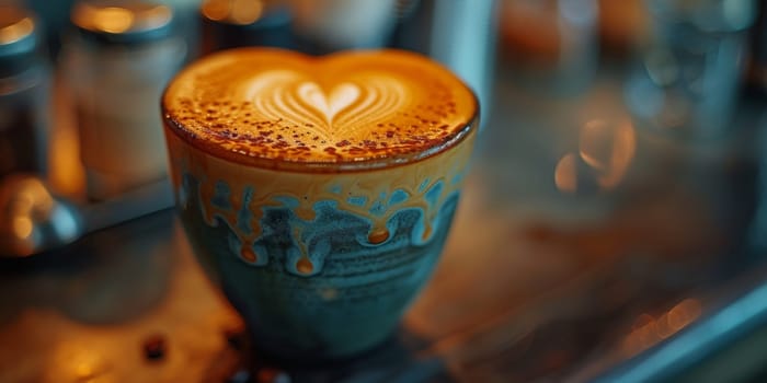 Cups of cappuccino with latte art ,top view,flat lay.