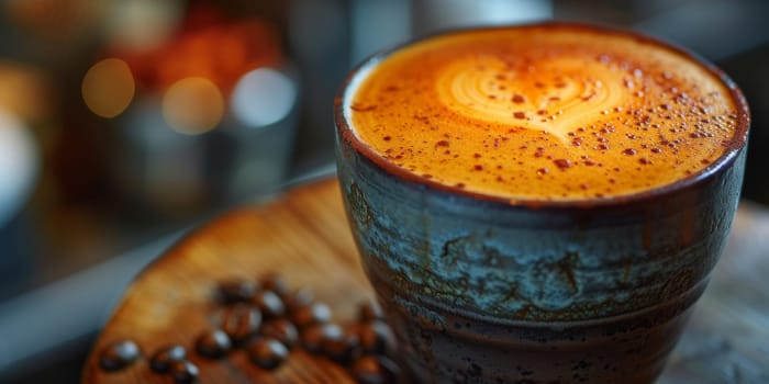 Cups of cappuccino with latte art ,top view,flat lay.