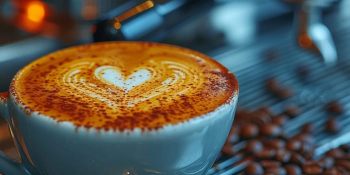 Cups of cappuccino with latte art ,top view,flat lay.