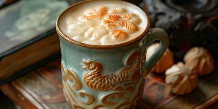 Cups of cappuccino with latte art ,top view,flat lay.