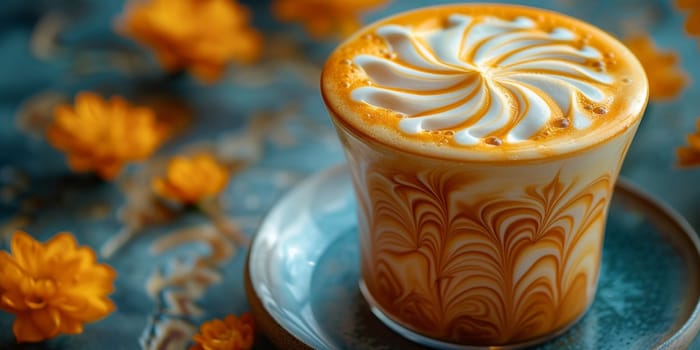 Cups of cappuccino with latte art ,top view,flat lay.