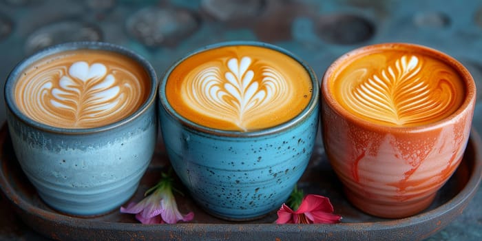 Cups of cappuccino with latte art ,top view,flat lay.