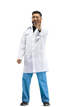 The doctor, in full height, on a white background, shows a stop sign.