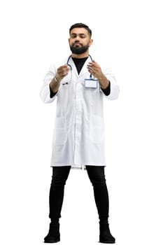 The doctor, in full height, on a white background, Gestures.