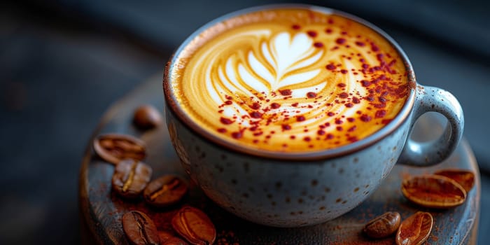 Cups of cappuccino with latte art ,top view,flat lay.